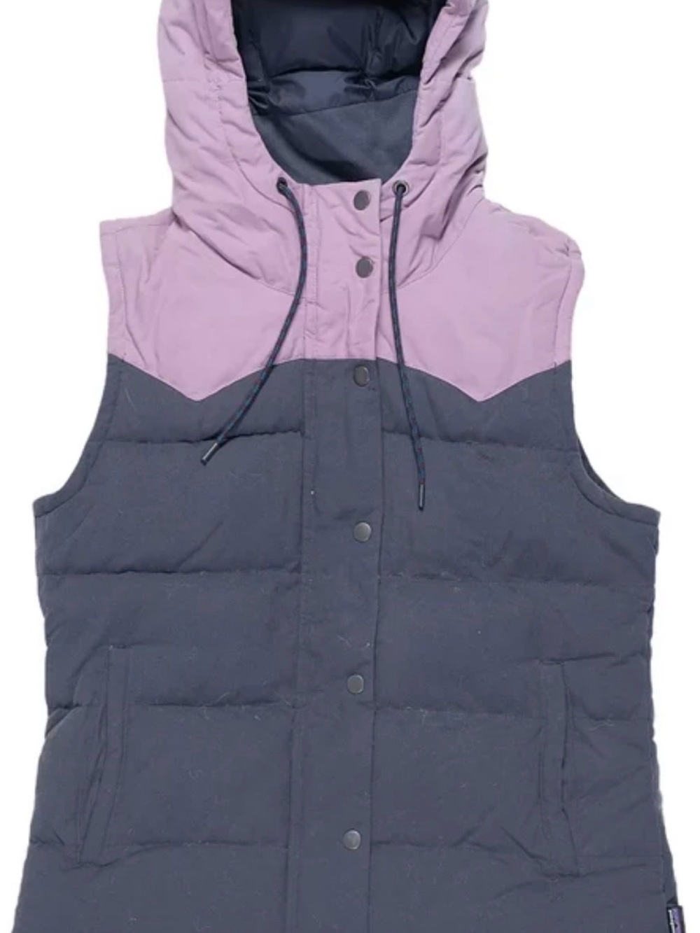 Patagonia Bivy Down Hooded Puffer Vest in Lavender and Navy M